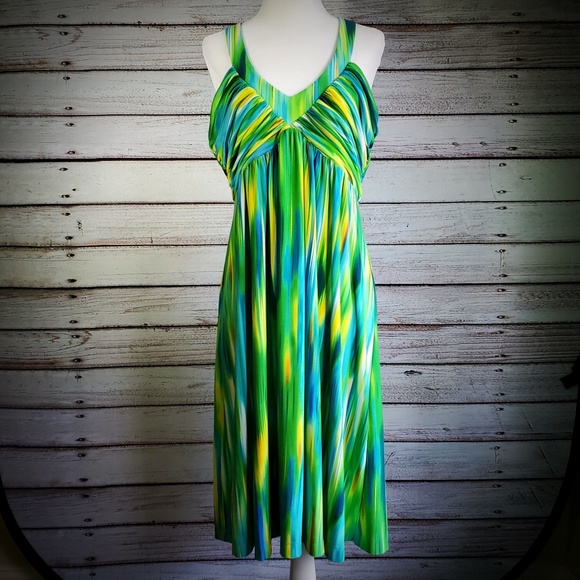 Calvin Klein Dresses & Skirts - Calvin Klein Green & Yellow Pleated Dress Size 14